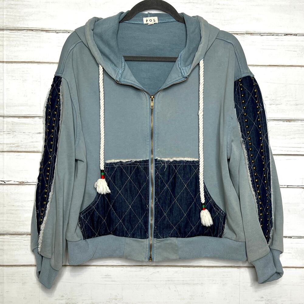 POL Denim Patchwork Hoodie Jacket Women’s Small Blue Gray Zip Up Boho Studded